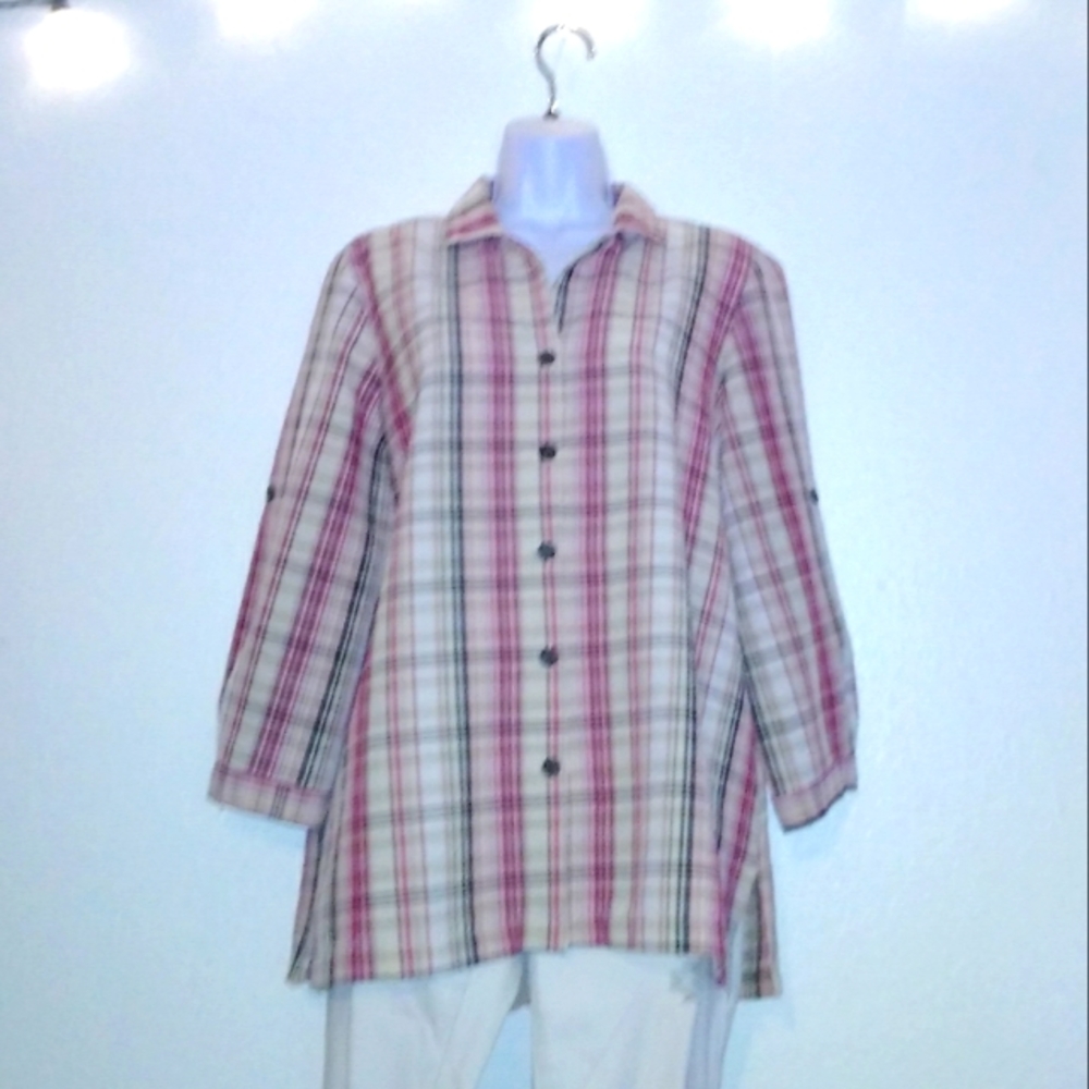 White Stag Button Front Plaid Top